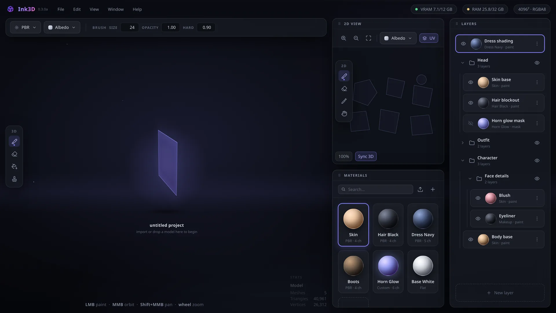 The Ink3D interface: floating panels over an infinite 3D viewport