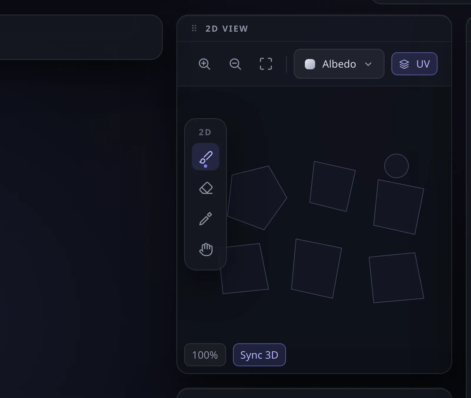 The 2D view panel with its own tool dock